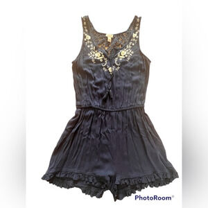 Cape‎ Juby Navy Blue Romper with Lace Back. Floral Embroidered Detail D16
